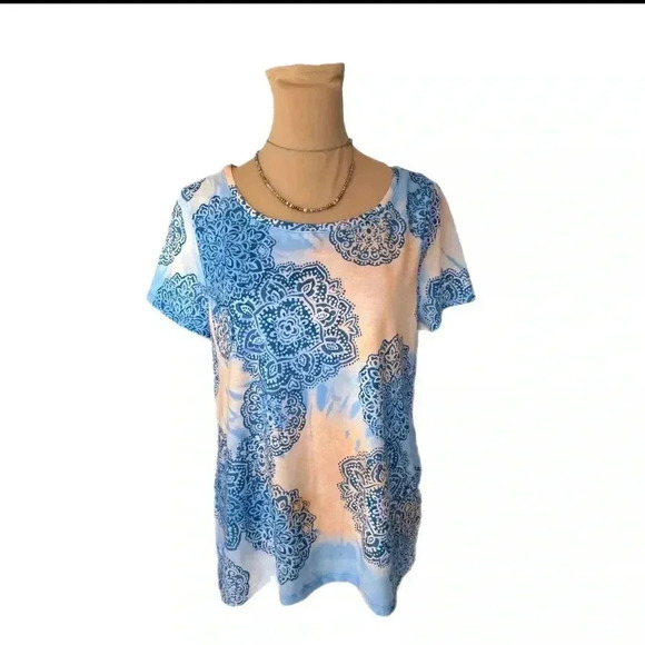 CHICOS Zenergy Tie-Dye Medallion-Print Tee T Shirt Blue Orange Blouse - Picture 4 of 8